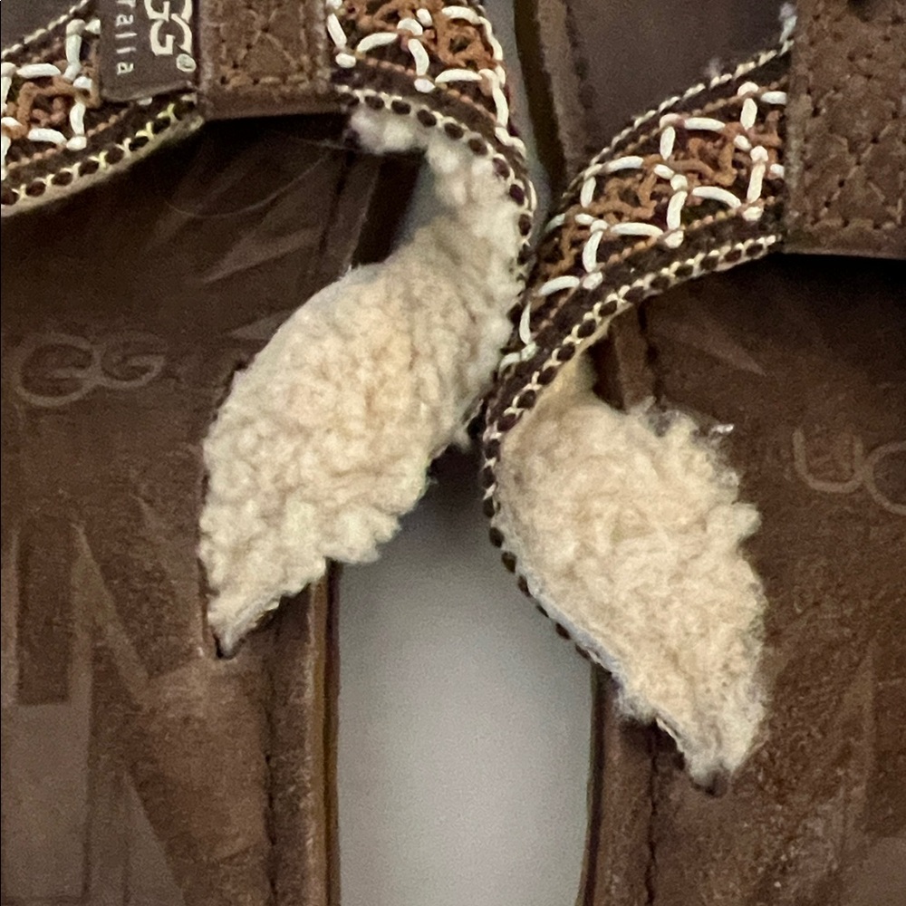 UGG Brown Suede Shearling Thong Sandals with Woven Strap Sz 9 - Picture 8 of 16